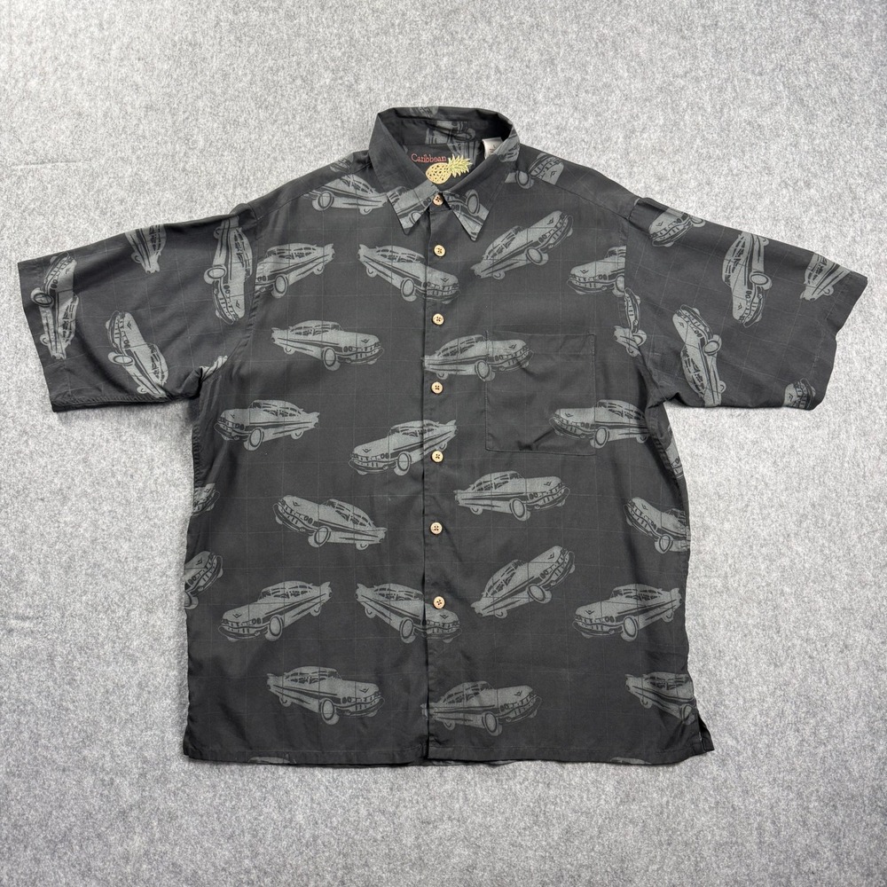 Caribbean Joe Mens L Hawaiian Classic Car Print 100% Silk Casual SS Shirt Button